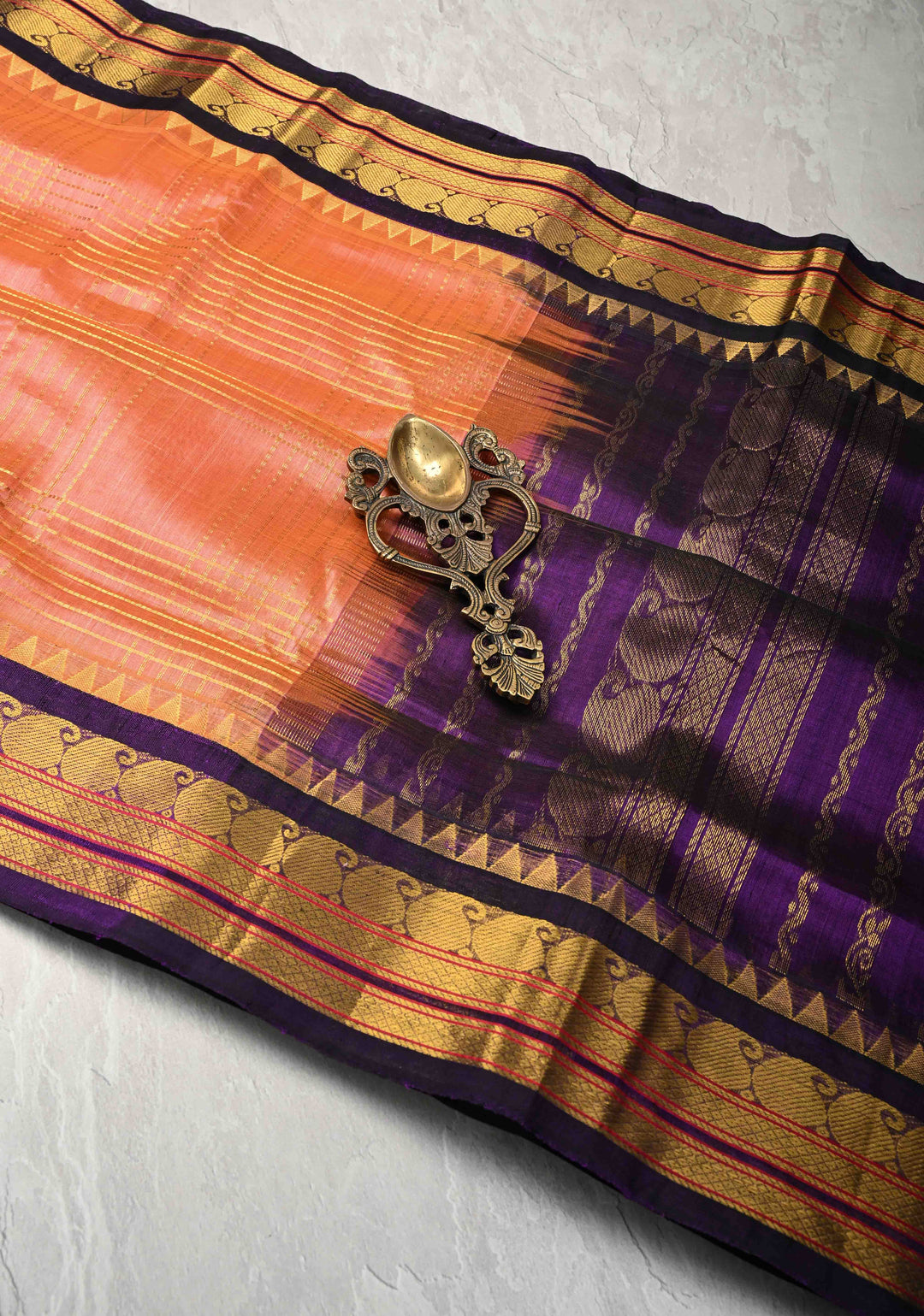 Salmon Peach Kanchi Silk Cotton Saree with Zari Checks and Contrast Zari Borders