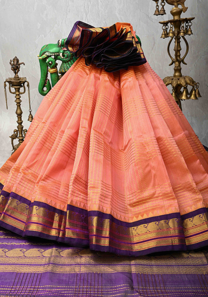 Salmon Peach Kanchi Silk Cotton Saree with Zari Checks and Contrast Zari Borders