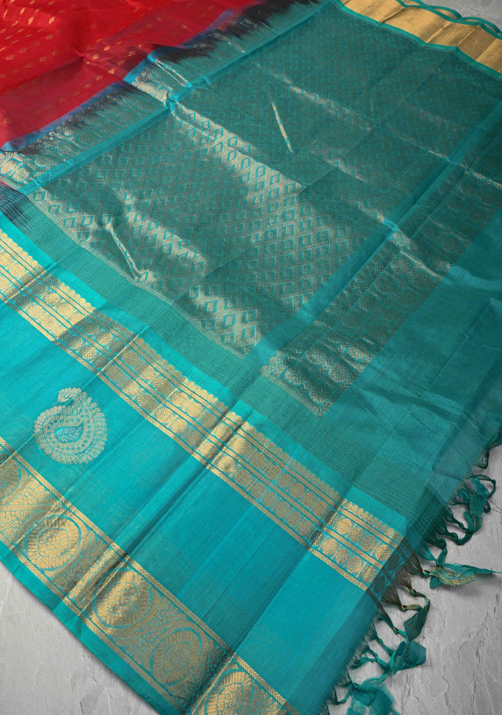 Red Kanchi Silk Cotton Saree with Chunri Butti and Contrast Zari Border