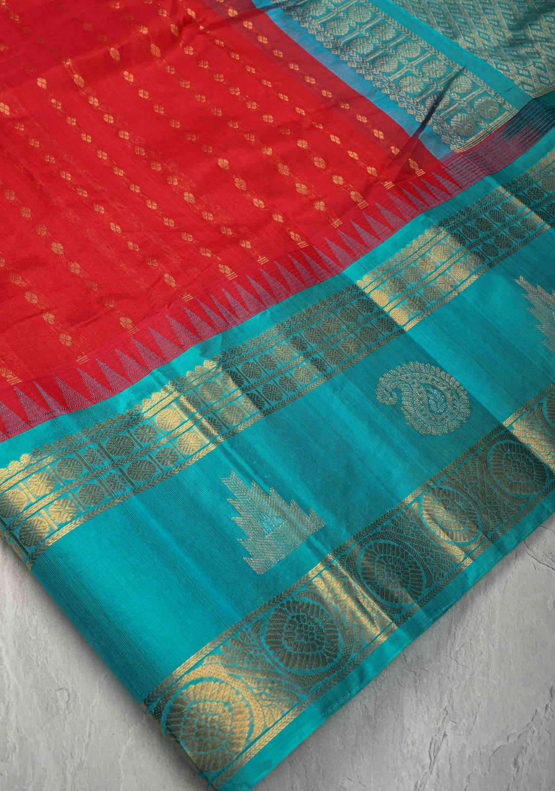 Red Kanchi Silk Cotton Saree with Chunri Butti and Contrast Zari Border