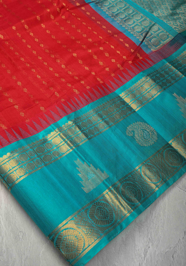 Red Kanchi Silk Cotton Saree with Chunri Butti and Contrast Zari Border