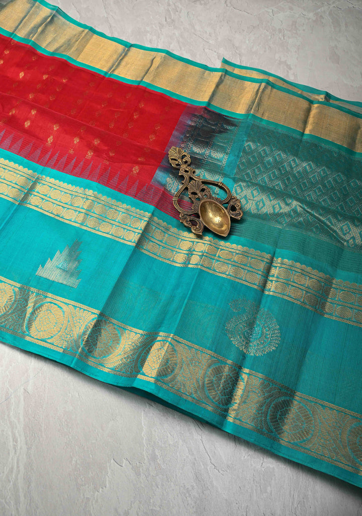 Red Kanchi Silk Cotton Saree with Chunri Butti and Contrast Zari Border