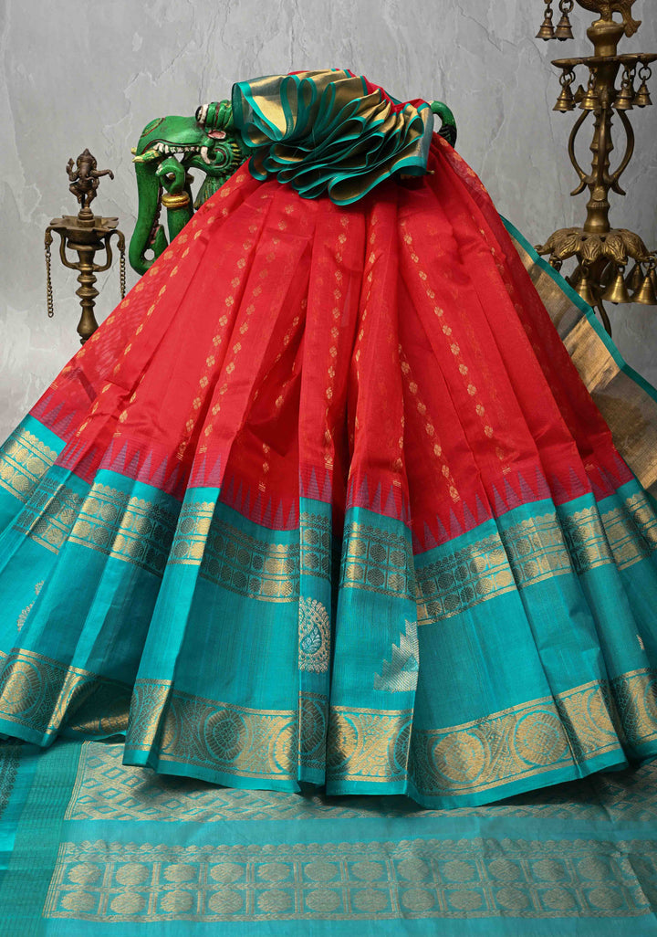 Red Kanchi Silk Cotton Saree with Chunri Butti and Contrast Zari Border