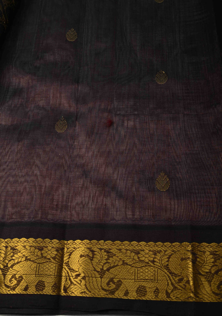 Grey Koravi Kanchi Silk Cotton 100% Handloom Saree with Zari Buttas and Contrast Zari Border