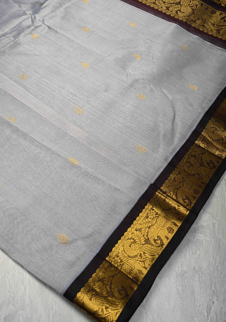 Grey Koravi Kanchi Silk Cotton 100% Handloom Saree with Zari Buttas and Contrast Zari Border