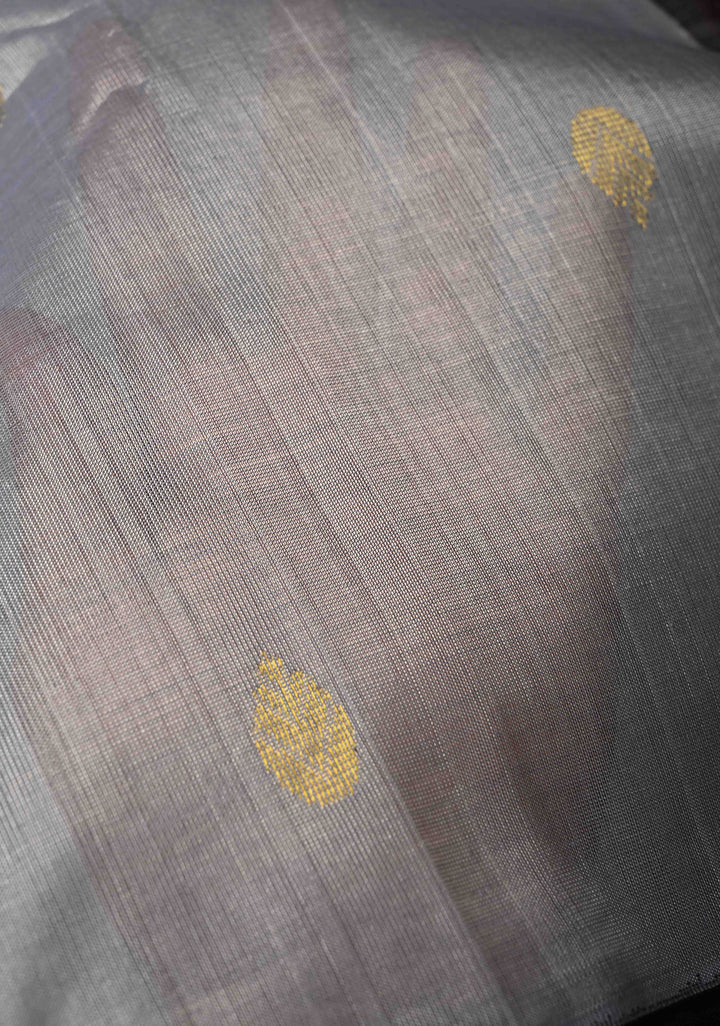 Grey Koravi Kanchi Silk Cotton 100% Handloom Saree with Zari Buttas and Contrast Zari Border