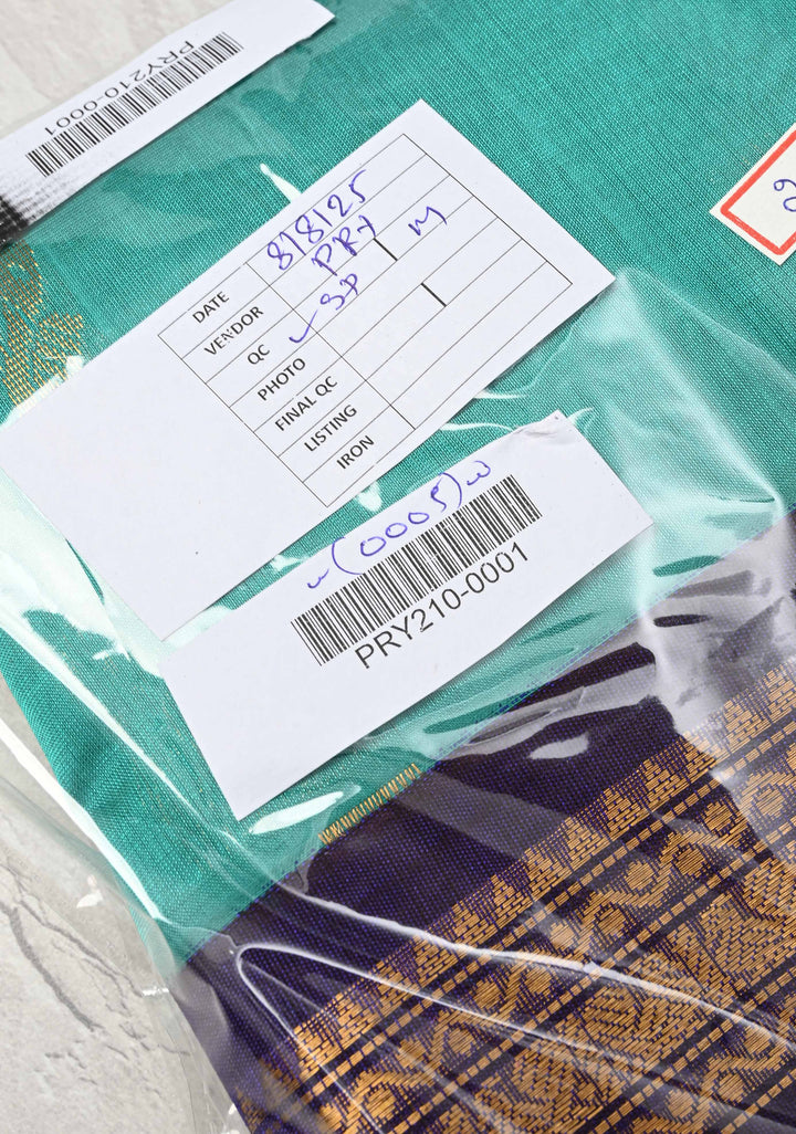 Sea Green Kanchi Silk Cotton Handloom Saree with Buttas and Koravi Contrast Zari Border