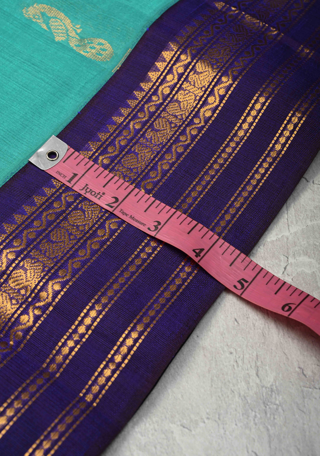 Sea Green Kanchi Silk Cotton Handloom Saree with Buttas and Koravi Contrast Zari Border