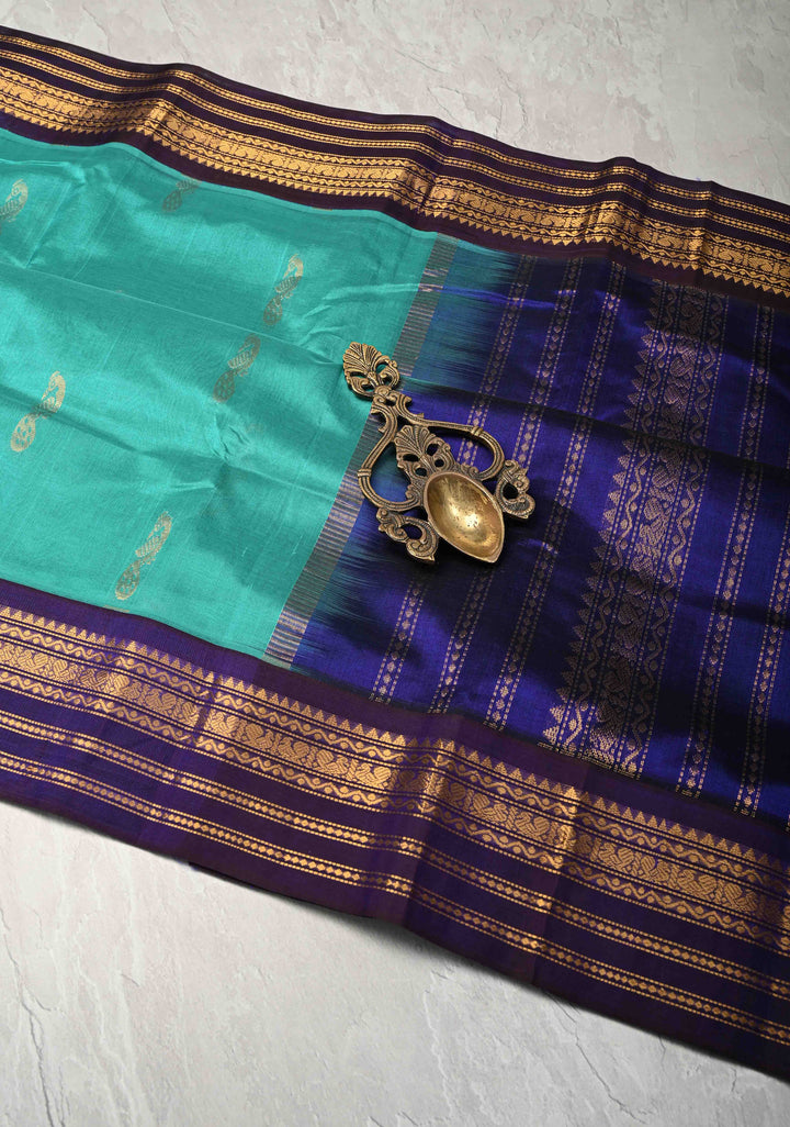 Sea Green Kanchi Silk Cotton Handloom Saree with Buttas and Koravi Contrast Zari Border