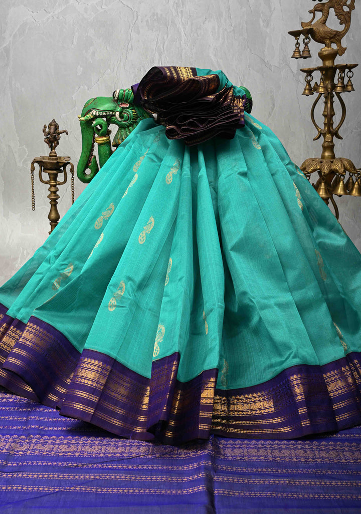 Sea Green Kanchi Silk Cotton Handloom Saree with Buttas and Koravi Contrast Zari Border