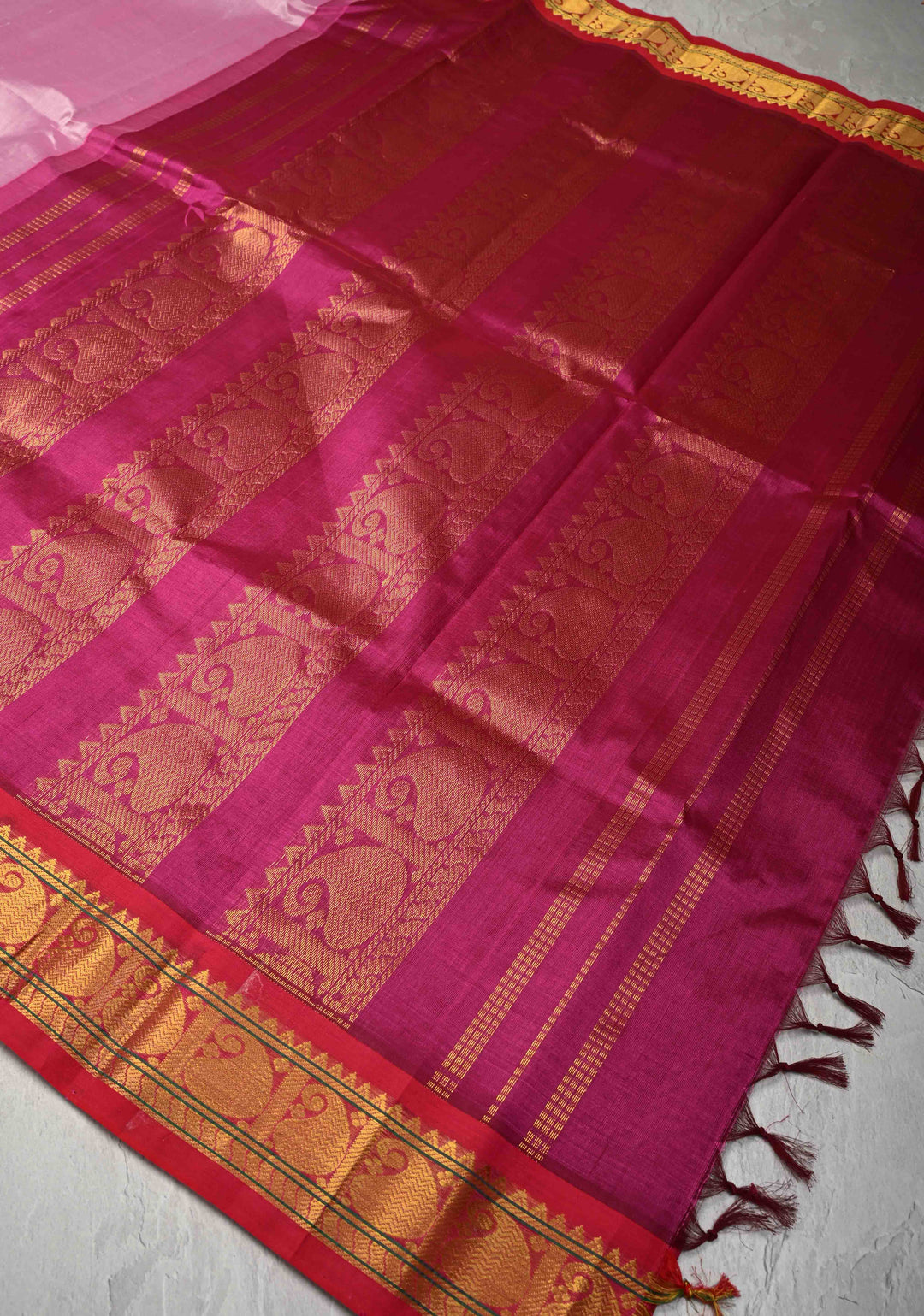 Bubblegum Pink Kanchi Silk Cotton 100% Handloom Saree with Contrast Zari Border