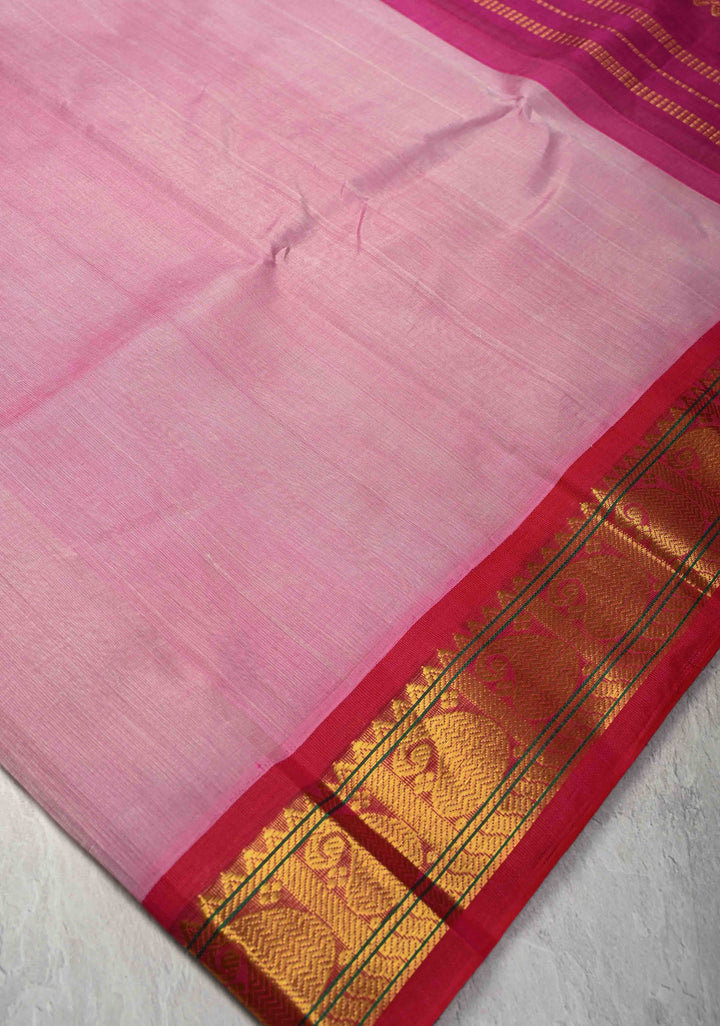 Bubblegum Pink Kanchi Silk Cotton 100% Handloom Saree with Contrast Zari Border