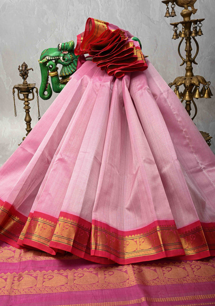 Bubblegum Pink Kanchi Silk Cotton 100% Handloom Saree with Contrast Zari Border