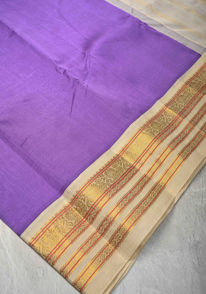 Exquisite purple Koravi Kanchi Silk Cotton 100% Handloom Saree with Contrast Zari Border