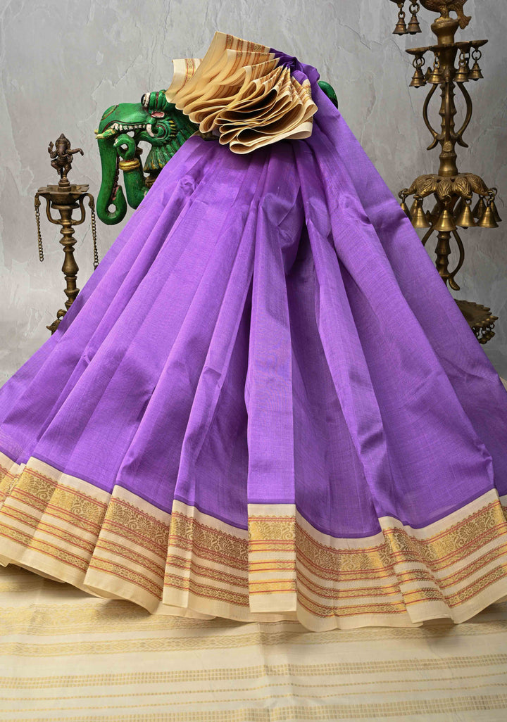 Exquisite purple Koravi Kanchi Silk Cotton 100% Handloom Saree with Contrast Zari Border