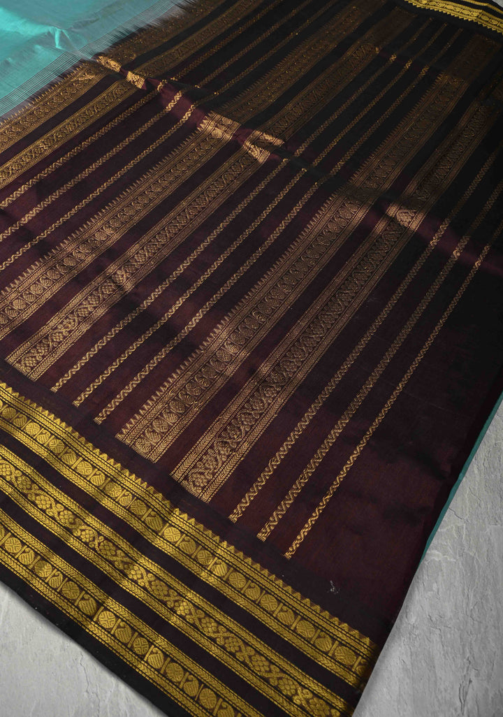 Turquoise Kanchi Silk Cotton Handloom Saree with Contrast Korvai Zari Border