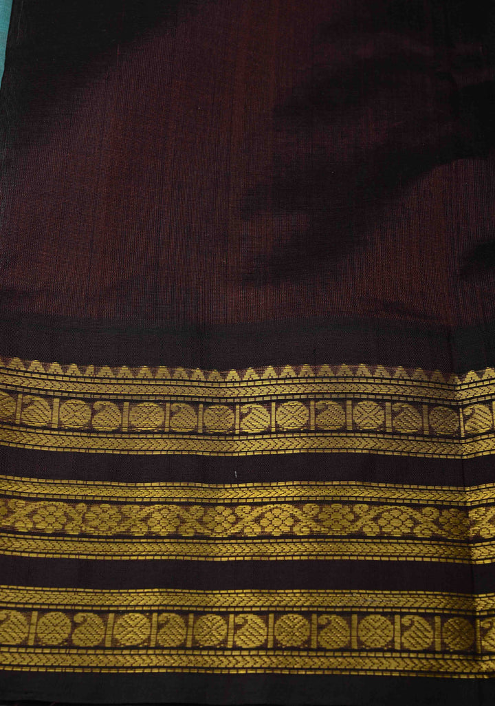 Turquoise Kanchi Silk Cotton Handloom Saree with Contrast Korvai Zari Border