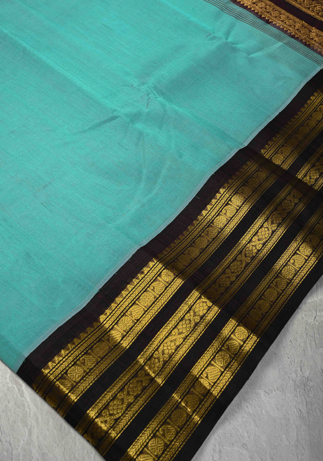 Turquoise Kanchi Silk Cotton Handloom Saree with Contrast Korvai Zari Border