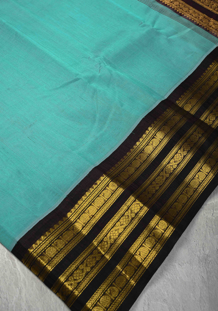 Turquoise Kanchi Silk Cotton Handloom Saree with Contrast Korvai Zari Border