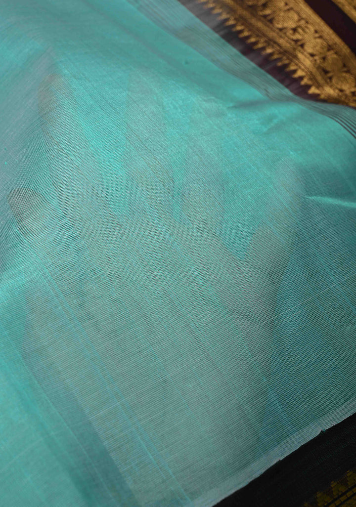Turquoise Kanchi Silk Cotton Handloom Saree with Contrast Korvai Zari Border