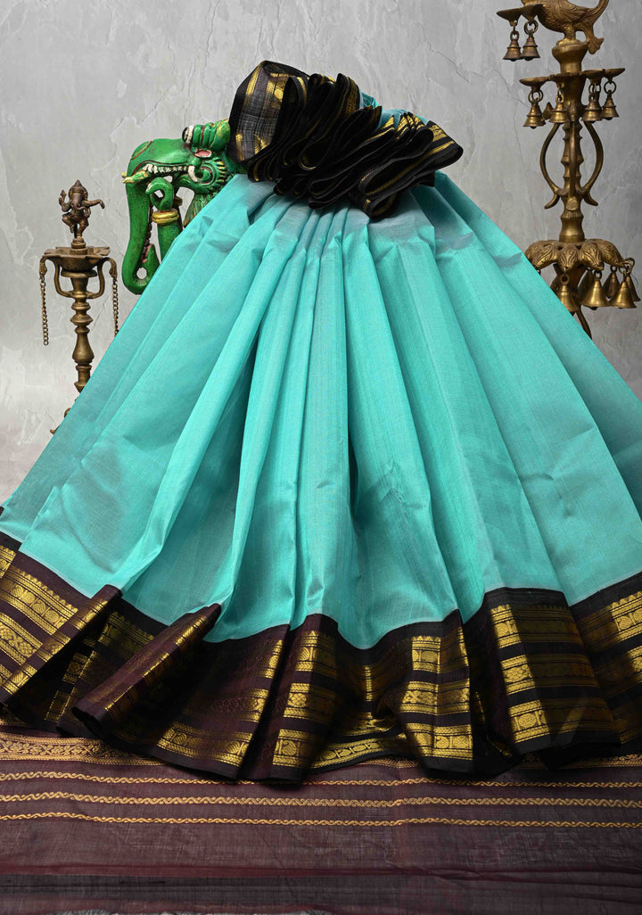 Turquoise Kanchi Silk Cotton Handloom Saree with Contrast Korvai Zari Border