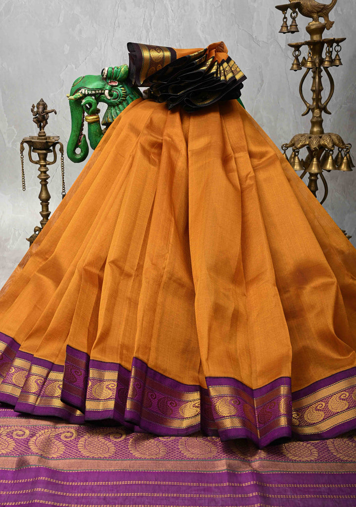 Mustard Yellow Koravi Kanchi Silk Cotton 100% Handloom Saree with Ganga Jamuna Border