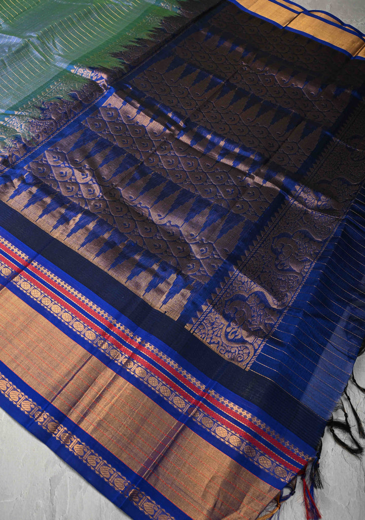 Green Dual tone Kanchi Silk Cotton Saree with Zari Checks and Tissue Border