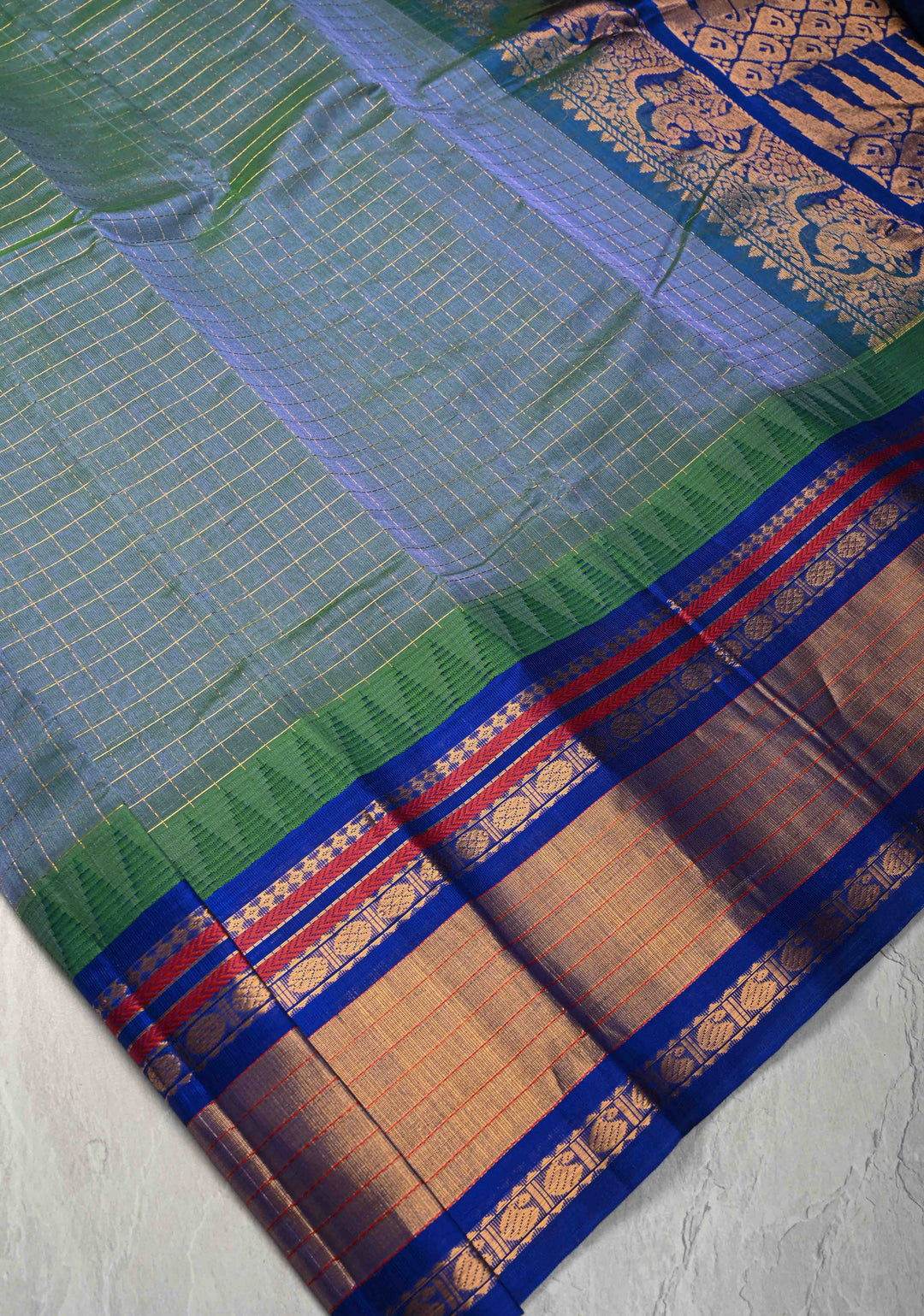 Green Dual tone Kanchi Silk Cotton Saree with Zari Checks and Tissue Border