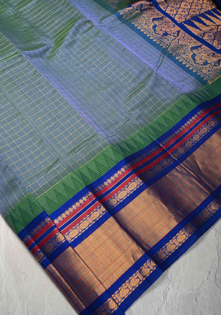 Green Dual tone Kanchi Silk Cotton Saree with Zari Checks and Tissue Border