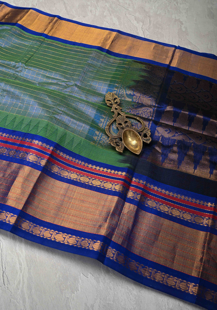 Green Dual tone Kanchi Silk Cotton Saree with Zari Checks and Tissue Border
