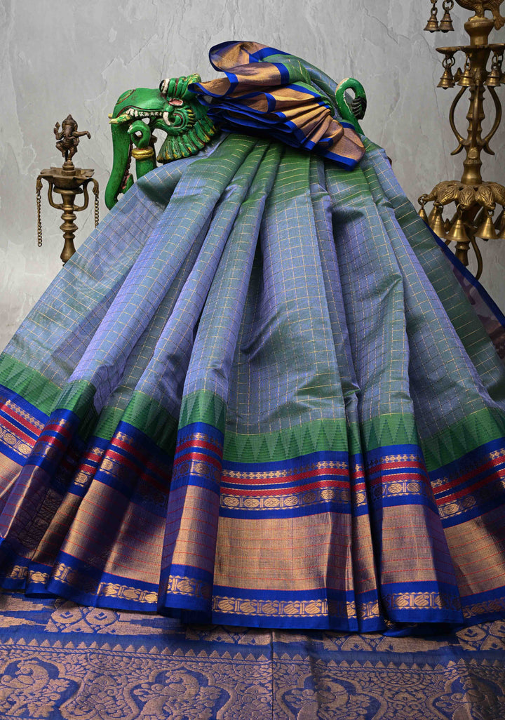 Green Dual tone Kanchi Silk Cotton Saree with Zari Checks and Tissue Border