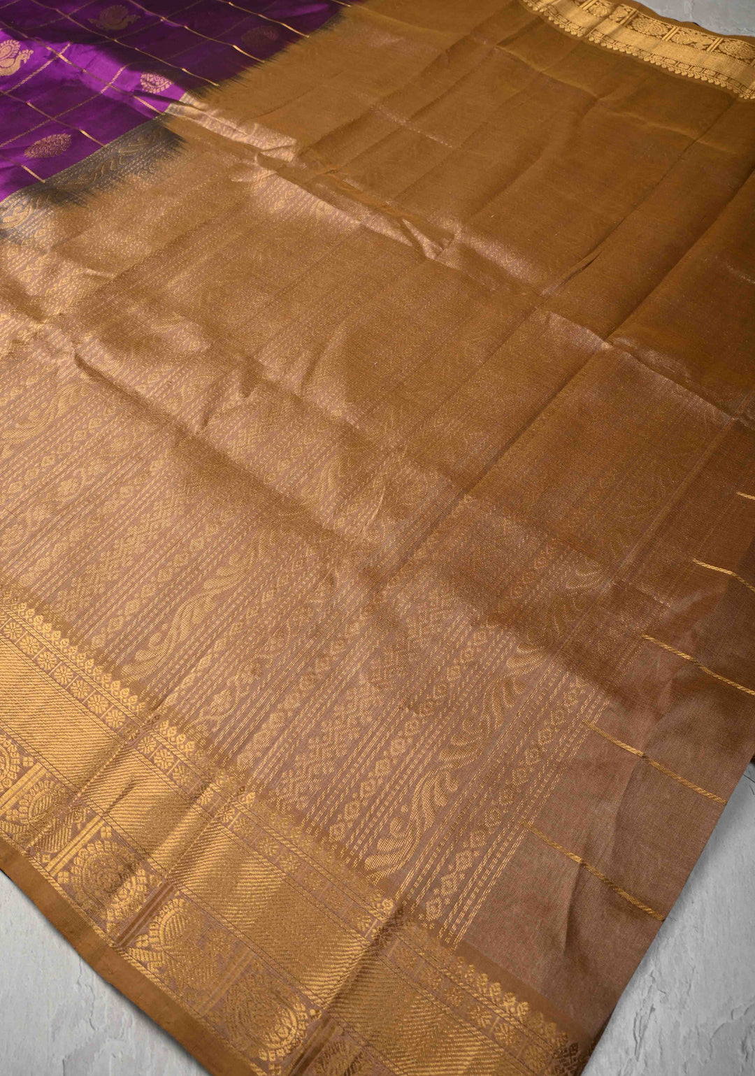 Purple Kanchi Silk Cotton Saree with Zari Checks, large Mayil Chakram buttas and Zari Border