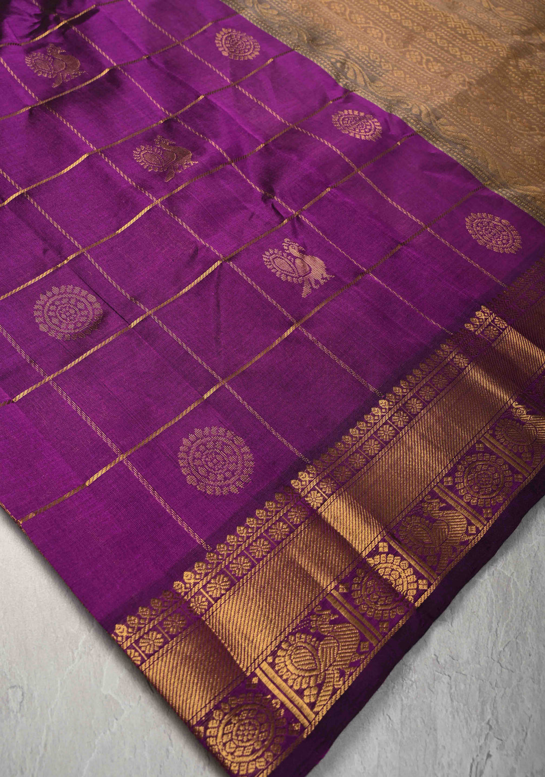 Purple Kanchi Silk Cotton Saree with Zari Checks, large Mayil Chakram buttas and Zari Border
