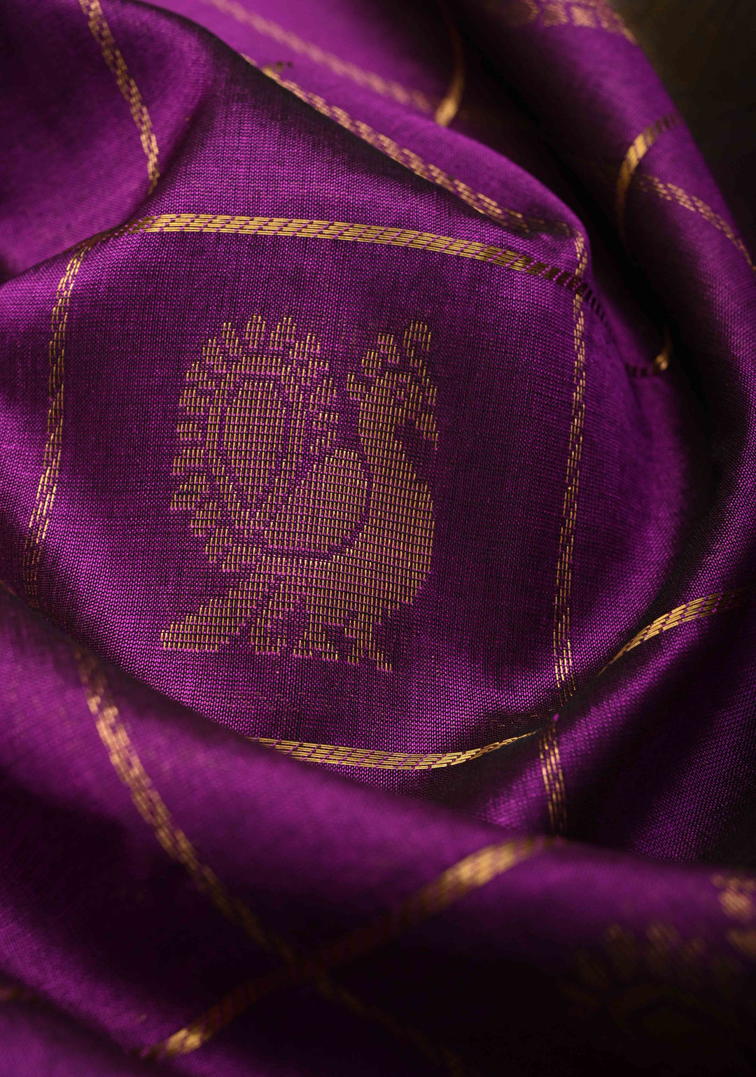 Purple Kanchi Silk Cotton Saree with Zari Checks, large Mayil Chakram buttas and Zari Border