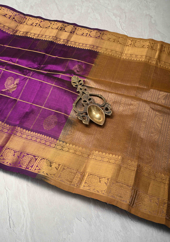 Purple Kanchi Silk Cotton Saree with Zari Checks, large Mayil Chakram buttas and Zari Border