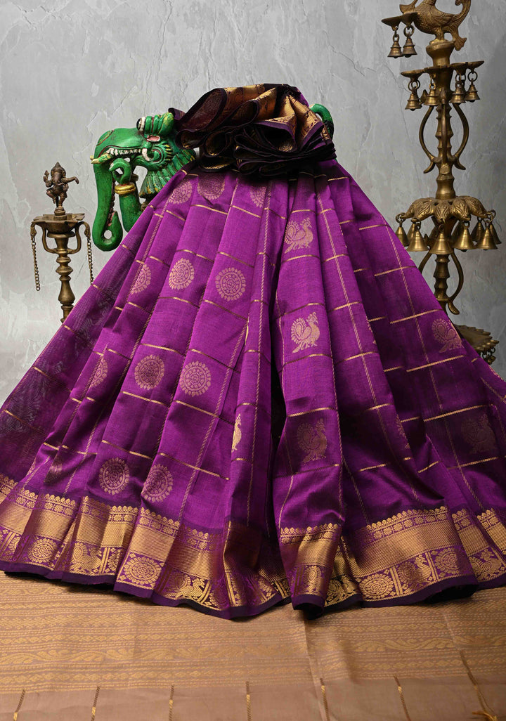 Purple Kanchi Silk Cotton Saree with Zari Checks, large Mayil Chakram buttas and Zari Border