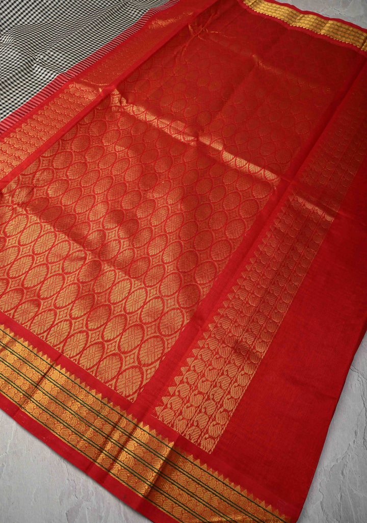 Black-White Gingham Checks Koravi Kanchi Silk Cotton 100% Handloom Saree with Red Zari Border