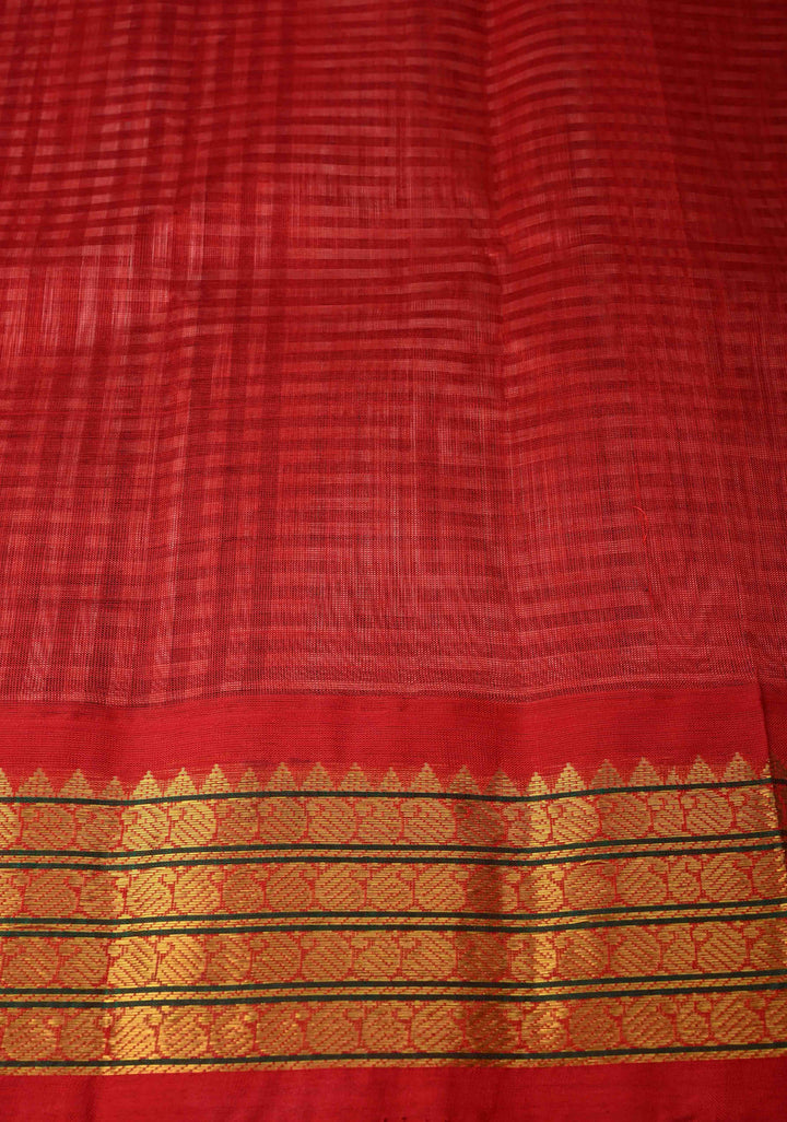 Black-White Gingham Checks Koravi Kanchi Silk Cotton 100% Handloom Saree with Red Zari Border