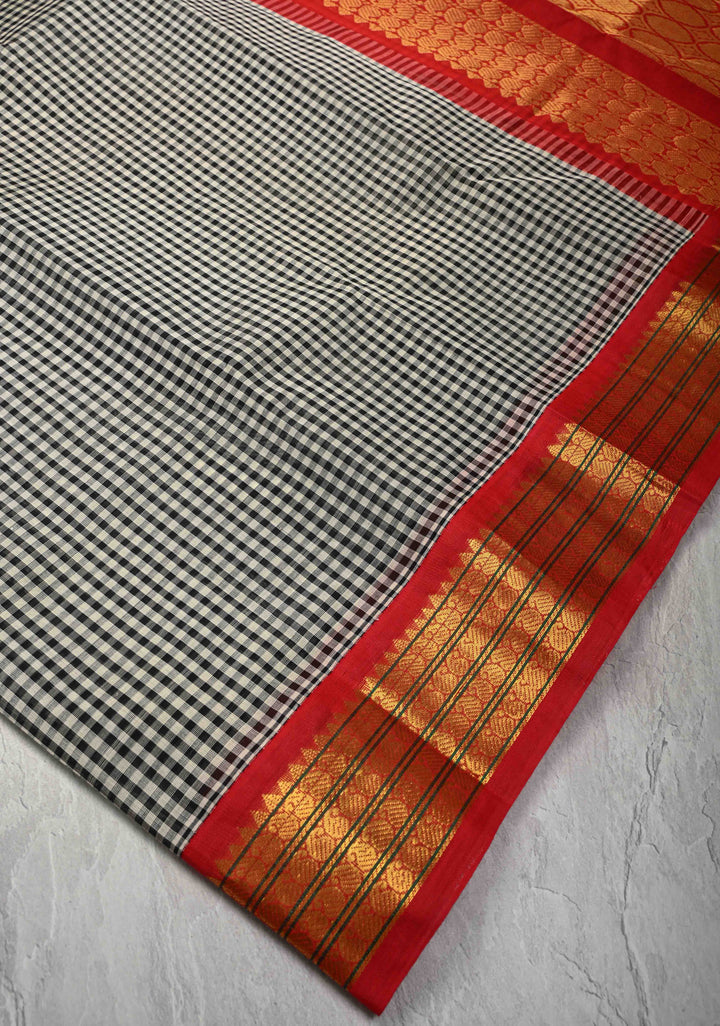 Black-White Gingham Checks Koravi Kanchi Silk Cotton 100% Handloom Saree with Red Zari Border
