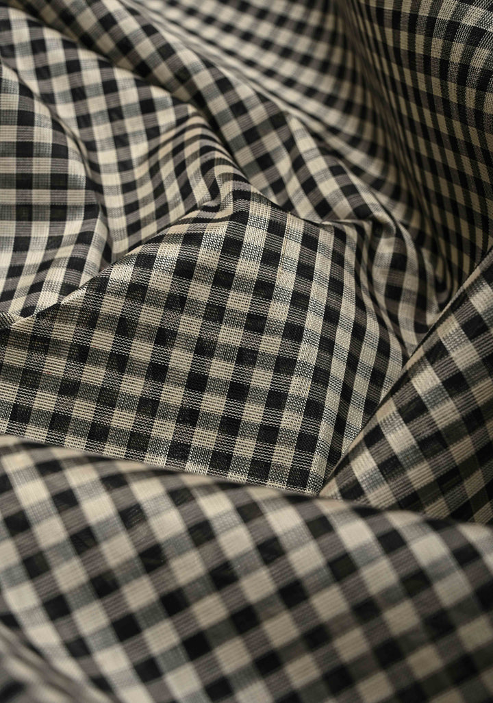 Black-White Gingham Checks Koravi Kanchi Silk Cotton 100% Handloom Saree with Red Zari Border
