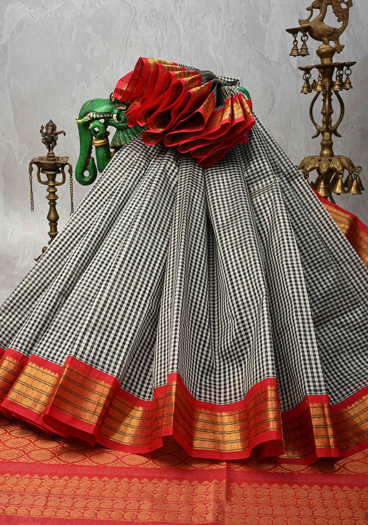 Black-White Gingham Checks Koravi Kanchi Silk Cotton 100% Handloom Saree with Red Zari Border