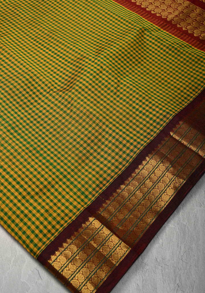 Green-Yellow Gingham Checks Koravi Kanchi Silk Cotton 100% Handloom Saree with Contrast Zari Border