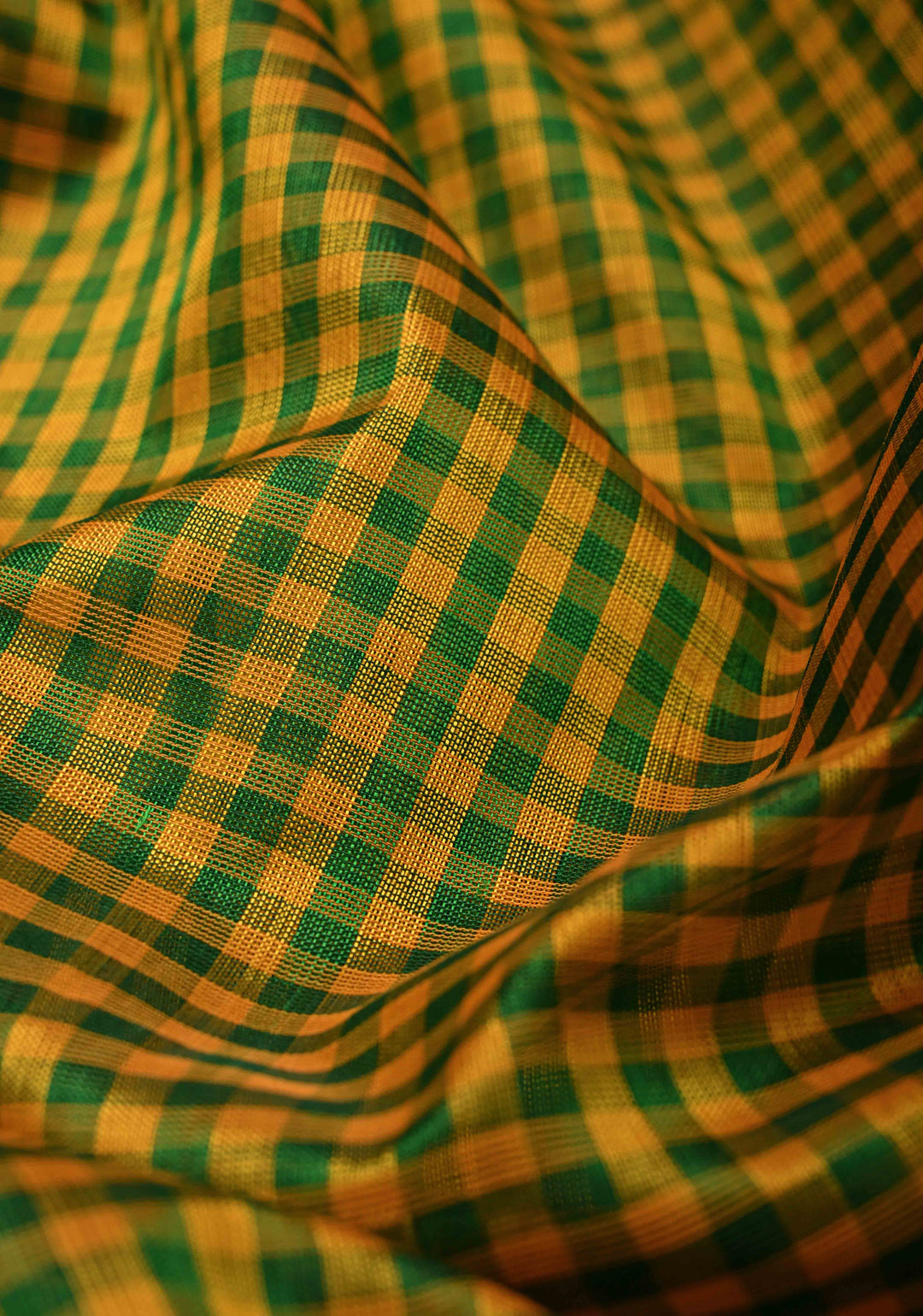 Green-Yellow Gingham Checks Koravi Kanchi Silk Cotton 100% Handloom Saree with Contrast Zari Border