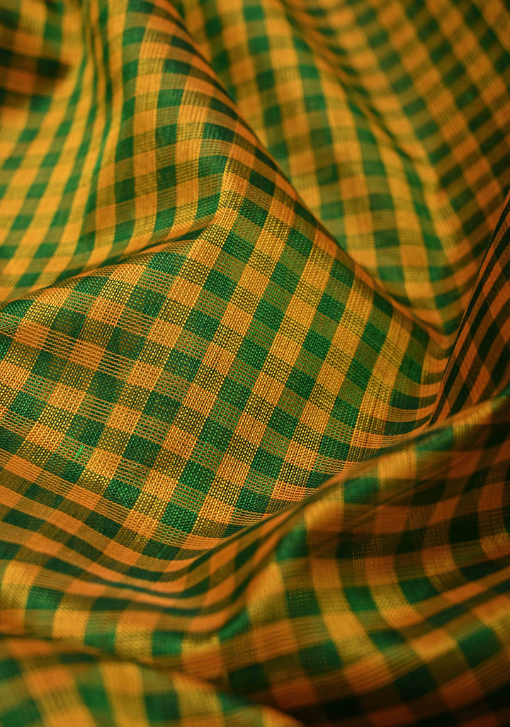 Green-Yellow Gingham Checks Koravi Kanchi Silk Cotton 100% Handloom Saree with Contrast Zari Border