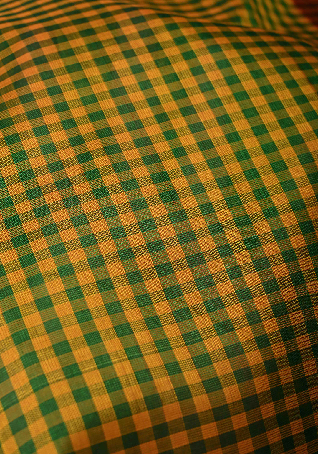 Green-Yellow Gingham Checks Koravi Kanchi Silk Cotton 100% Handloom Saree with Contrast Zari Border