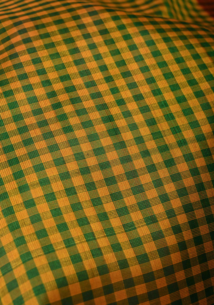 Green-Yellow Gingham Checks Koravi Kanchi Silk Cotton 100% Handloom Saree with Contrast Zari Border
