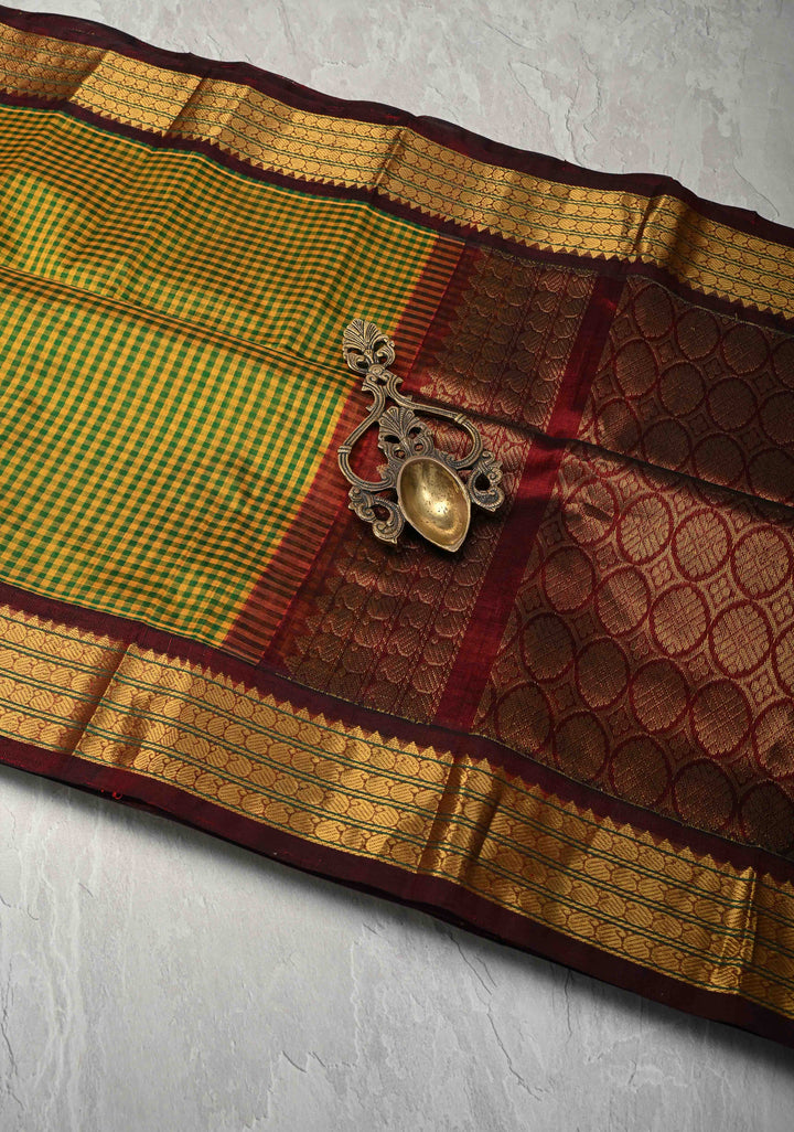 Green-Yellow Gingham Checks Koravi Kanchi Silk Cotton 100% Handloom Saree with Contrast Zari Border