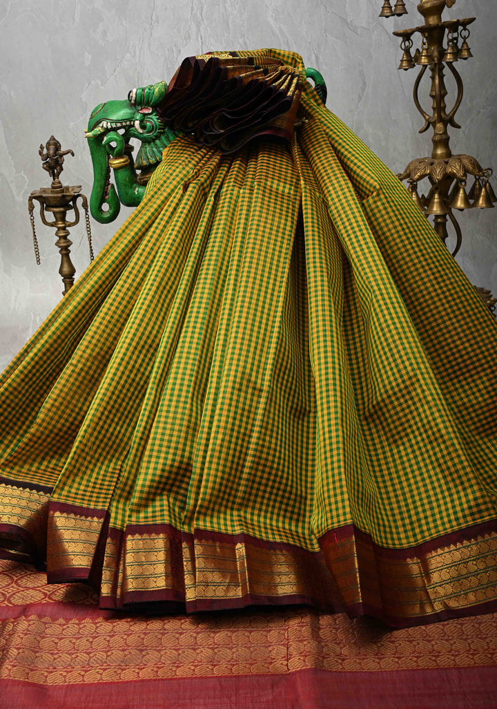Green-Yellow Gingham Checks Koravi Kanchi Silk Cotton 100% Handloom Saree with Contrast Zari Border