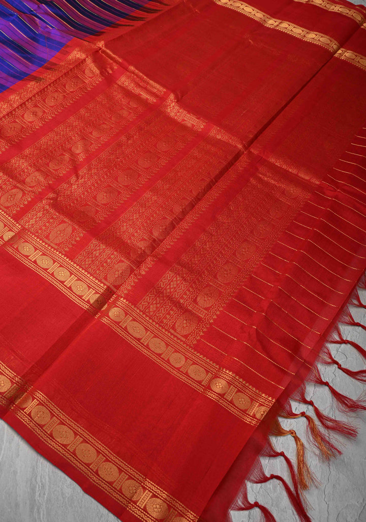 Shades of Purple Panel horizontal Stripes Kanchi Silk Cotton Saree with Rettaipet Border