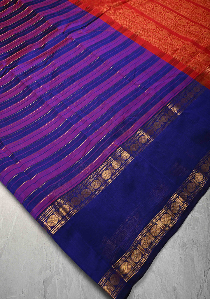 Shades of Purple Panel horizontal Stripes Kanchi Silk Cotton Saree with Rettaipet Border